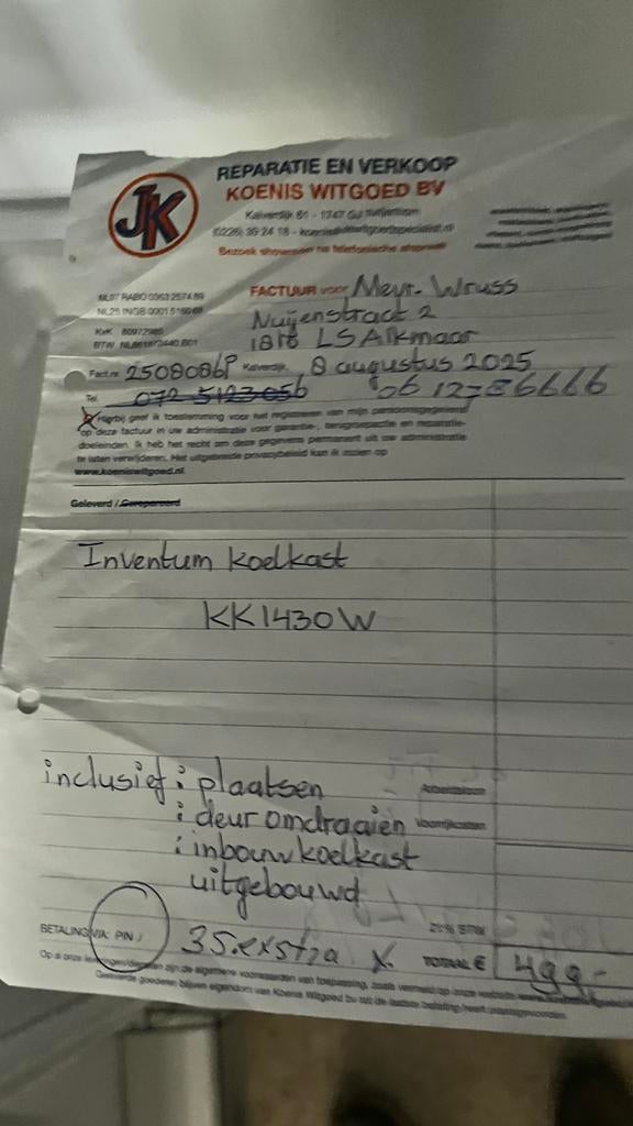 Te koop nieuwe inventum koelkast, Ophalen, Zonder vriesvak, Nieuw, 160 cm of meer