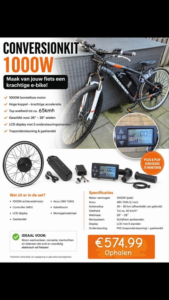 Conversionkit 1000W, Fietsen en Brommers, Elektrische fietsen, Nieuw, 50 km per accu of meer, 55 tot 59 cm, Giant