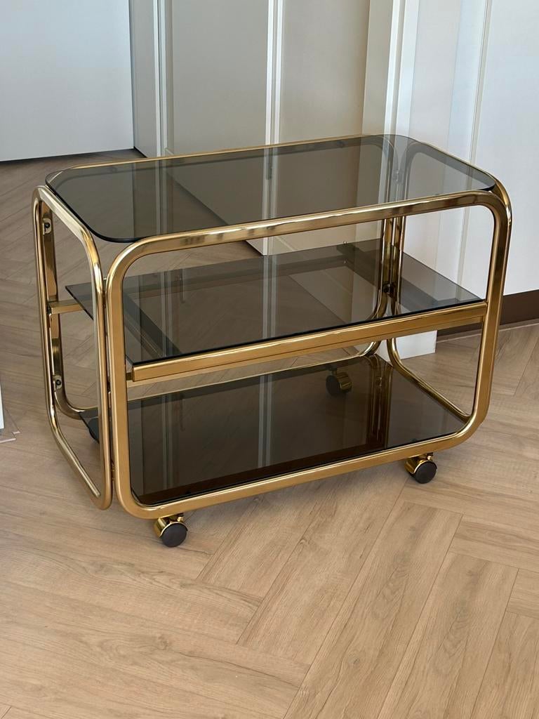 Vintage bijzettafel/serveerwagen/trolley rookglas messing, Ophalen, Zo goed als nieuw, 75 cm of meer, 60 cm of meer