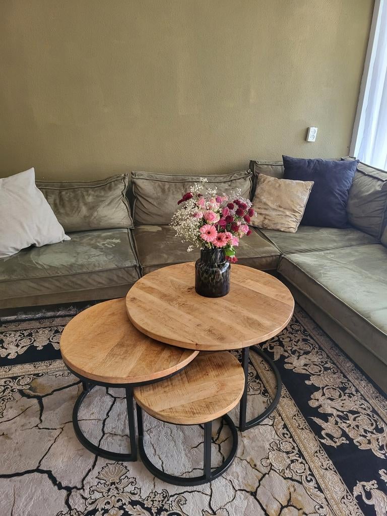 3 delig mangohouten salontafels industrieel, Huis en Inrichting, Tafels | Salontafels, Ophalen, 50 tot 100 cm, Rond, 50 tot 100 cm