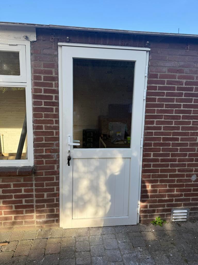 Houten buitendeur incl. kozijn, dubbel glas, 3-puntssluiting, Ophalen, 80 tot 100 cm, 200 tot 215 cm, Hout