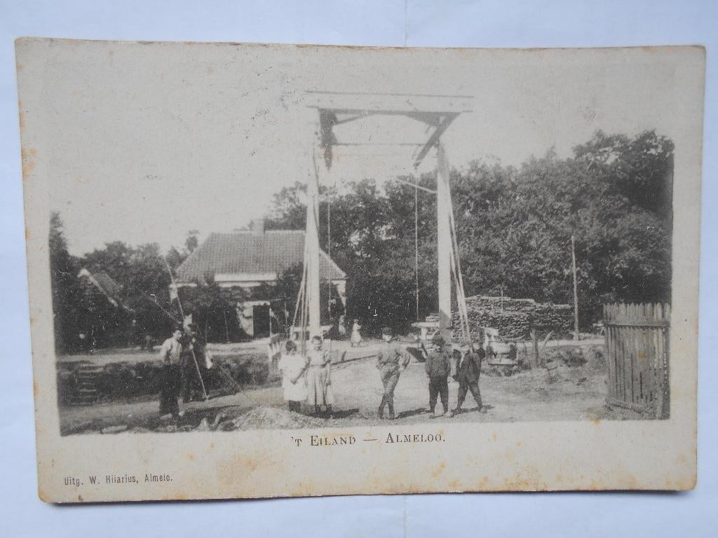 Almelo unieke kaart t Eiland ophaalbrug met jongelui Almelo, Ophalen of Verzenden, Voor 1920, Gelopen, Overijssel