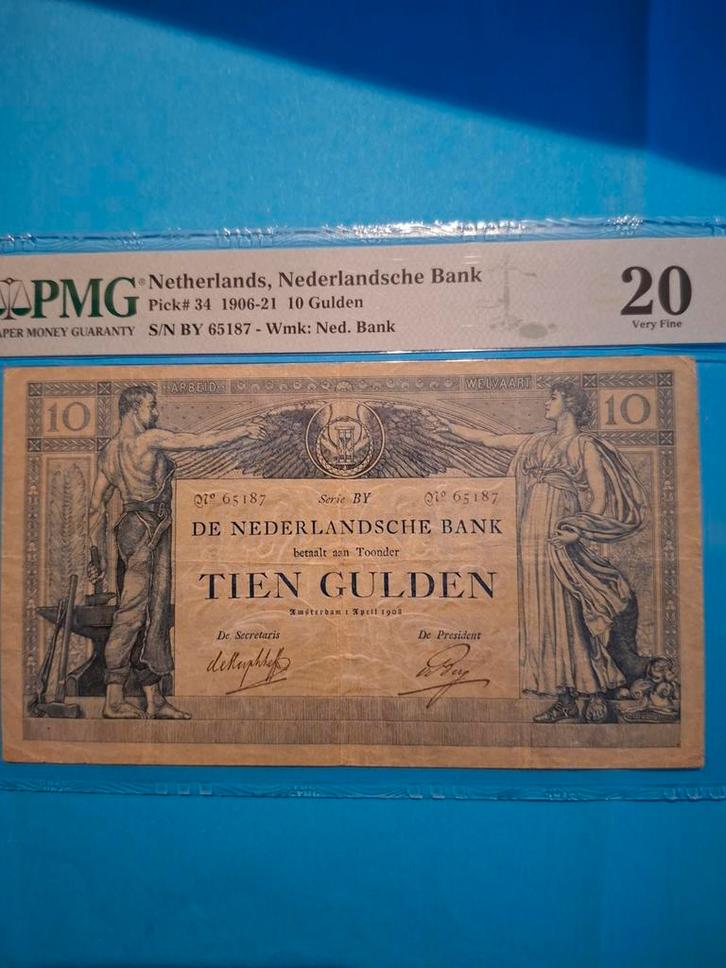 10 gulden Welvaart 1 uit 1908 in ZF
Serie 
PGM gekeurd 20, Postzegels en Munten, Bankbiljetten | Nederland, Los biljet, 10 gulden