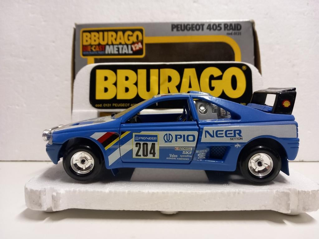 Bburago 1:24 Peugeot 405 Raid Rally PIONEER blue, Ophalen of Verzenden, Zo goed als nieuw, Auto, Bburago
