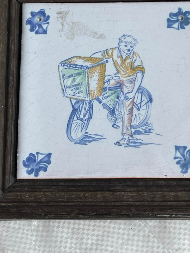 Vintage Delfts Blauw Tegeltje: Kruidenier op Fiets 2, Antiek en Kunst, Ophalen of Verzenden