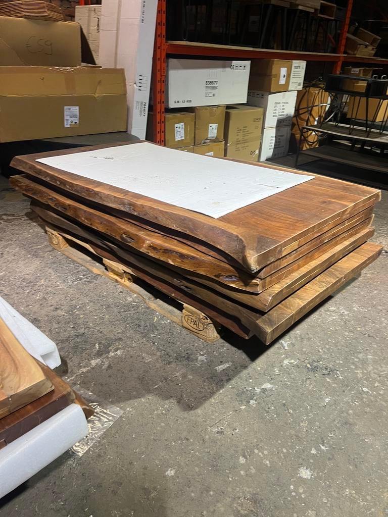 Partij van 20 massieve acacia/mango tafelbladen, Ophalen, Gebruikt, 50 tot 100 cm, Rechthoekig