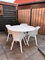 Witte tuinset met 4 kunststof stoelen en ronde tafel, Ophalen, 4 zitplaatsen, Kunststof, Gebruikt
