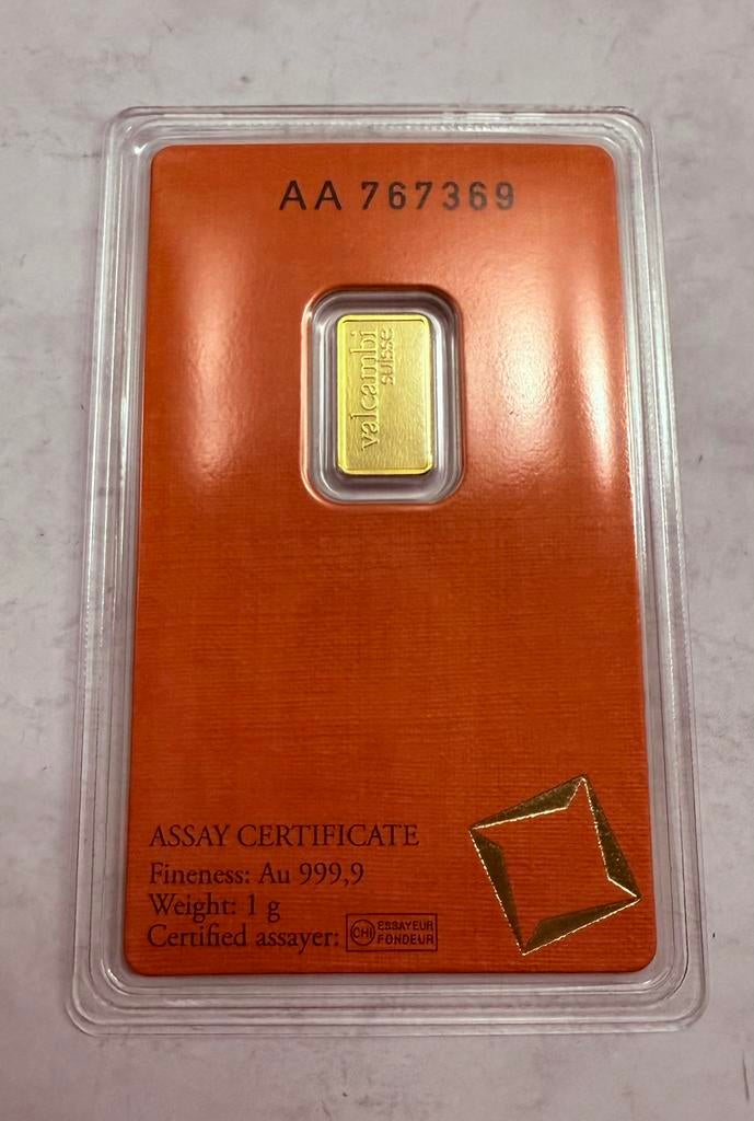 1 gram goud Valcambi Suisse / 999 goud, Postzegels en Munten, Edelmetalen en Baren, Ophalen of Verzenden, Goud