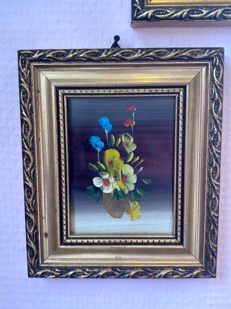 Vintage Mini Olieverf Schilderij Bloemen Goudkleurige Lijst, Antiek en Kunst, Kunst | Schilderijen | Klassiek, Ophalen of Verzenden
