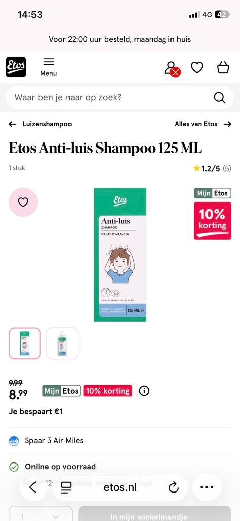 Etos Anti-luis Shampoo 125 ML, Ophalen of Verzenden, Nieuw, Shampoo of Conditioner