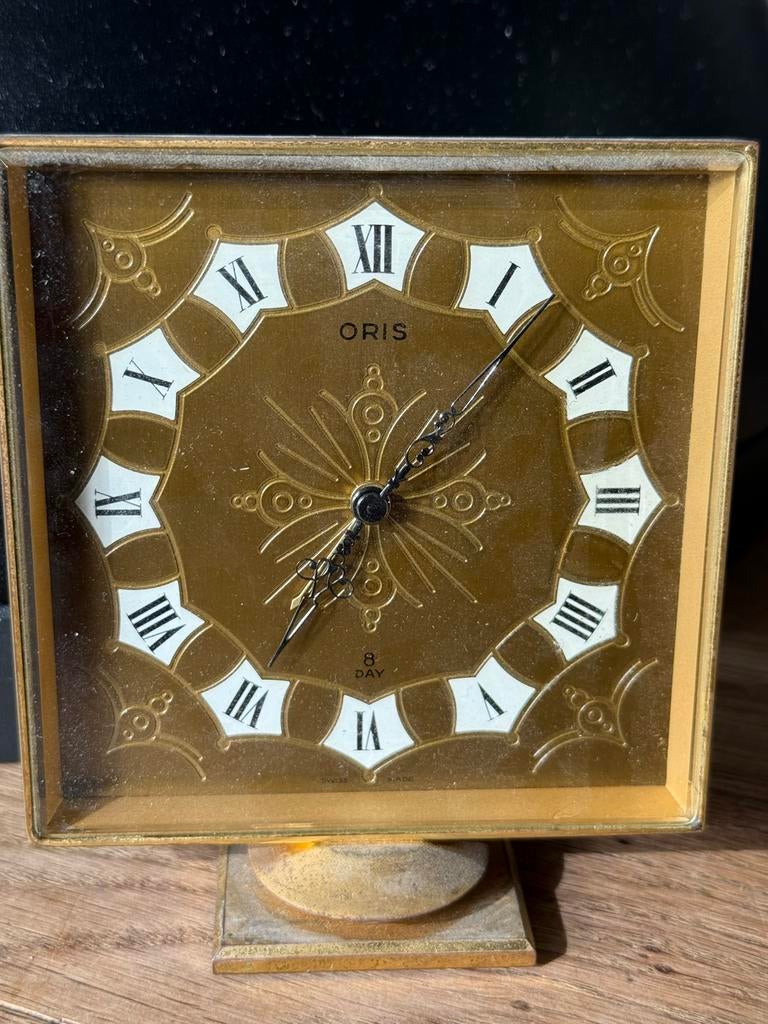 Vintage Oris 8-daagse tafelklok - Goudkleurig met Romeinse c, Antiek en Kunst, Ophalen of Verzenden