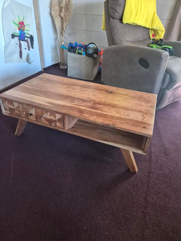 Massief houten salontafel met lades, Huis en Inrichting, Ophalen, Gebruikt, 100 tot 150 cm, Modern, Scandinavisch