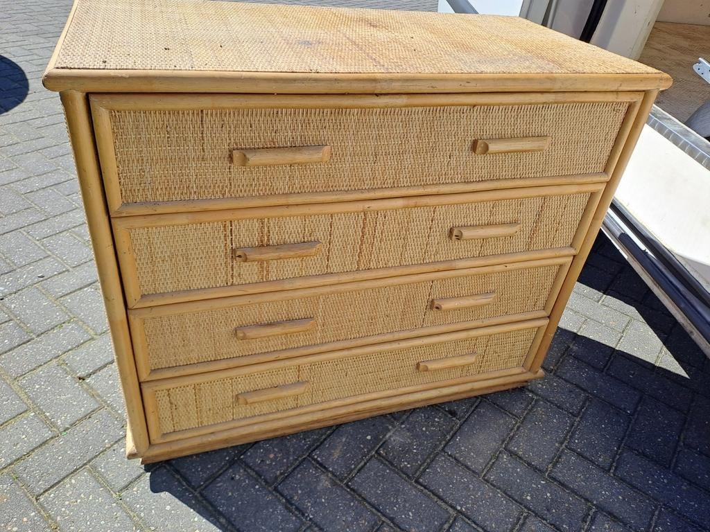 Rotan ladekast met 4 laden, Gebruikt, Boho, Vintage, Natuurlijk, 100 tot 150 cm, 3 of 4 laden