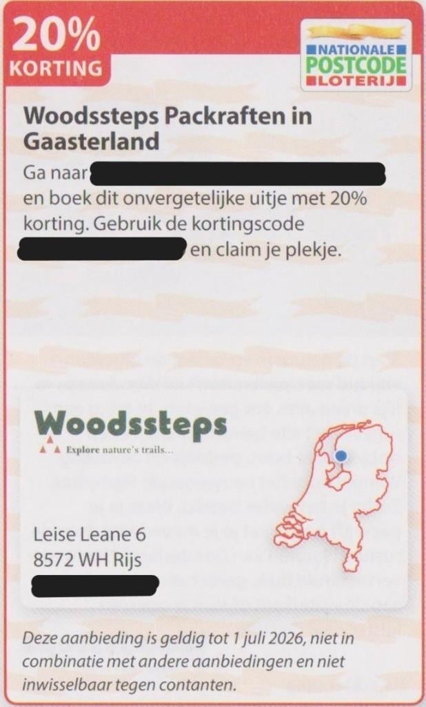 Woodsteps Packraften, Gaasterland. 20% korting. Postcode bon, Tickets en Kaartjes, Drie personen of meer, Kortingskaart