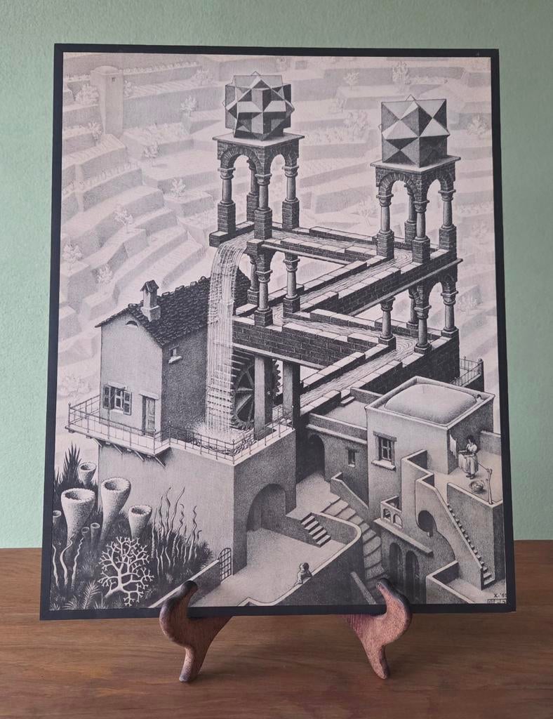 Vintage M.C. Escher kunstdruk “Waterfall” op board, Ophalen of Verzenden