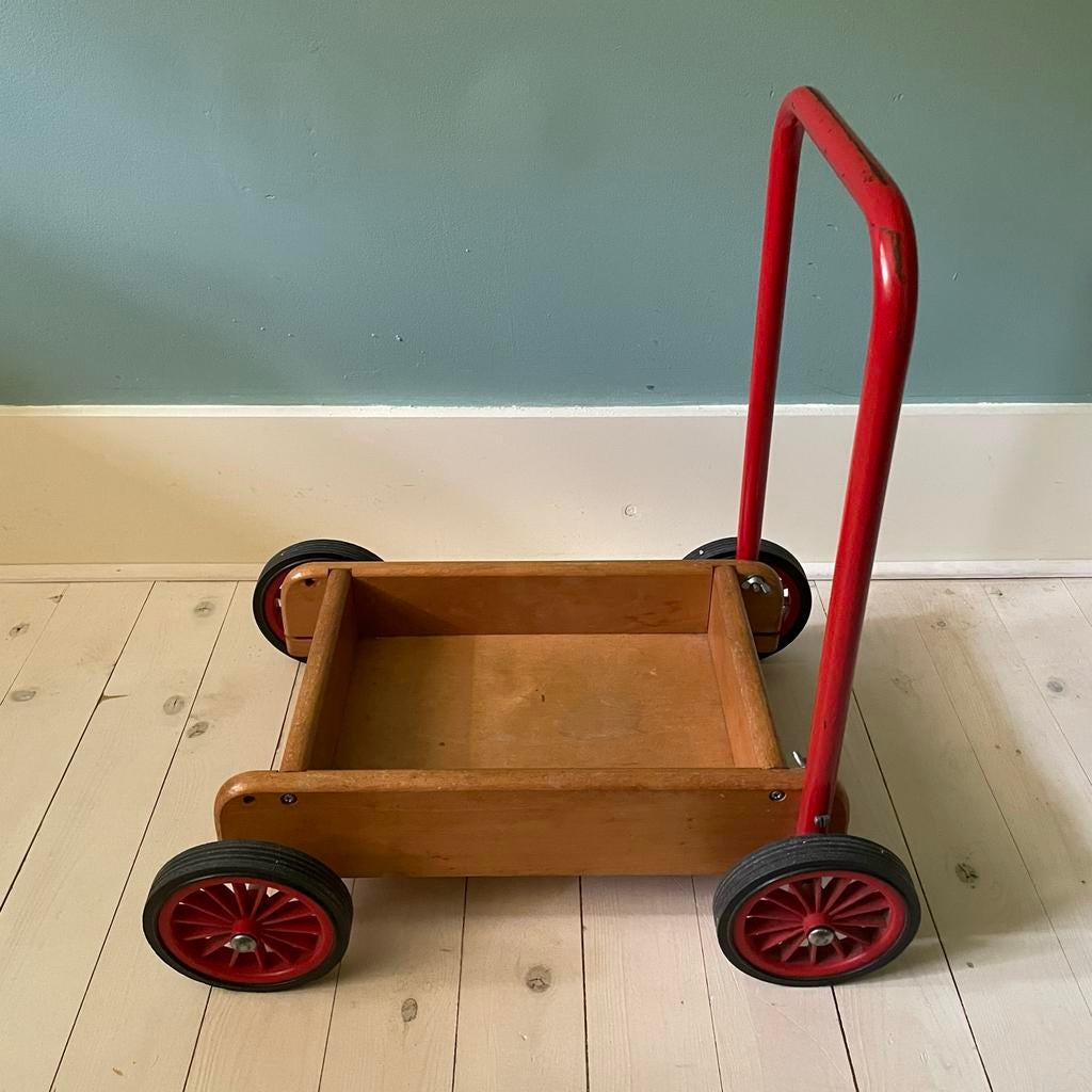 Vintage retro Houten loopwagen met rood handvat, Ophalen, Gebruikt, Jongen of Meisje