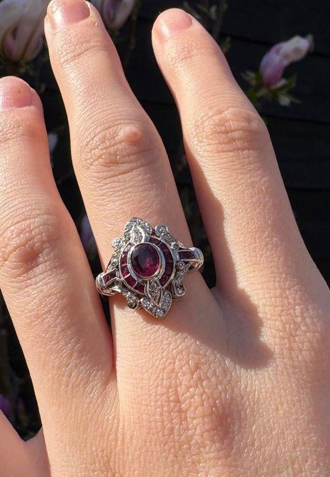 Robijnen diamanten 14k gouden Art Deco dames ring vintage, Sieraden, Tassen en Uiterlijk, Antieke sieraden, Verzenden, Goud, Ring