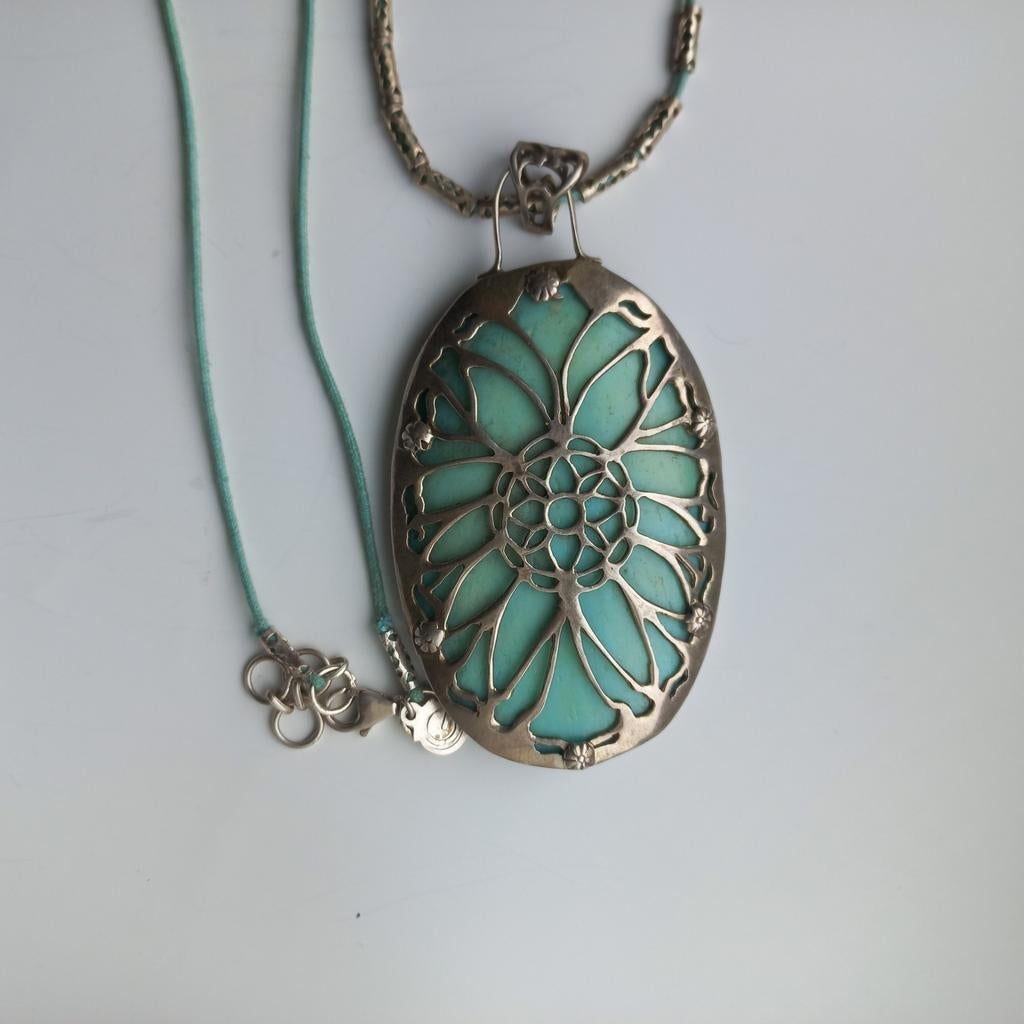 Koord ketting met turquoise steen in zilveren hanger (925), Sieraden, Tassen en Uiterlijk, Kettingen, Ophalen of Verzenden, Nieuw
