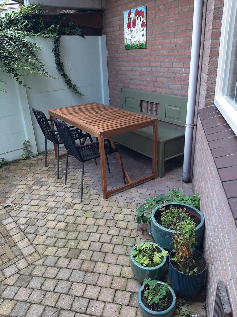 Houten tuintafel 140x75, Tuin en Terras, Tuintafels, Ophalen, Zo goed als nieuw, Rechthoekig, Hout