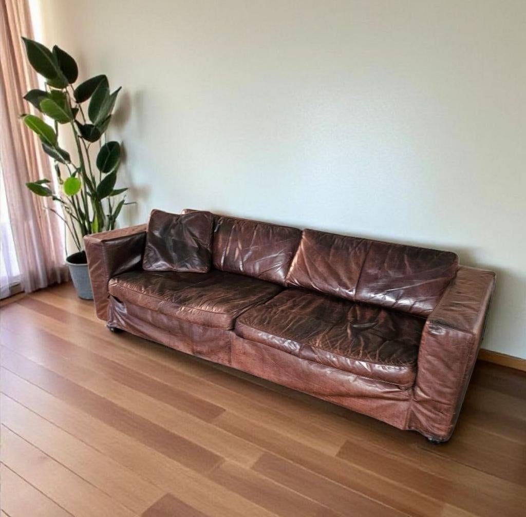 Massive / loose cover / brown leather / lounge sofa / 1970s/, Ophalen, 250 tot 300 cm, Gebruikt, Rechte bank