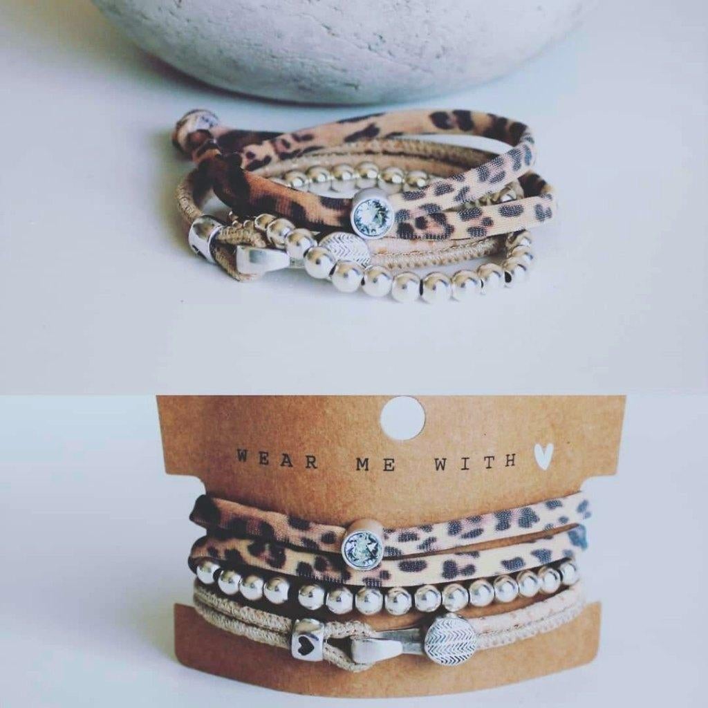 Ibiza style stacked armband met print, Sieraden, Tassen en Uiterlijk, Armbanden, Verzenden, Nieuw, Beige, Zilver