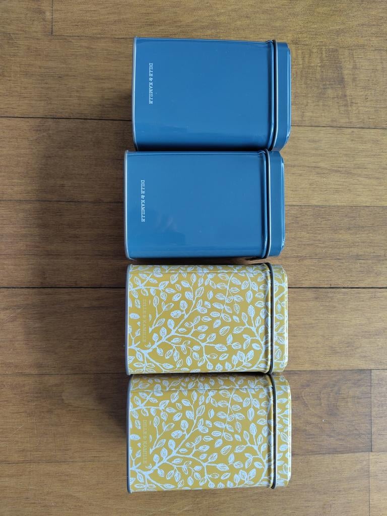 Set van 4 Dille & Kamille voorraadblikjes, Ophalen of Verzenden, Zo goed als nieuw, Voorraadpot, Metaal