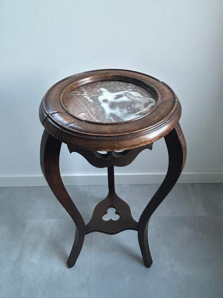 Vintage houten franse art nouveau tafel kolomtafel marmer, Ophalen of Verzenden