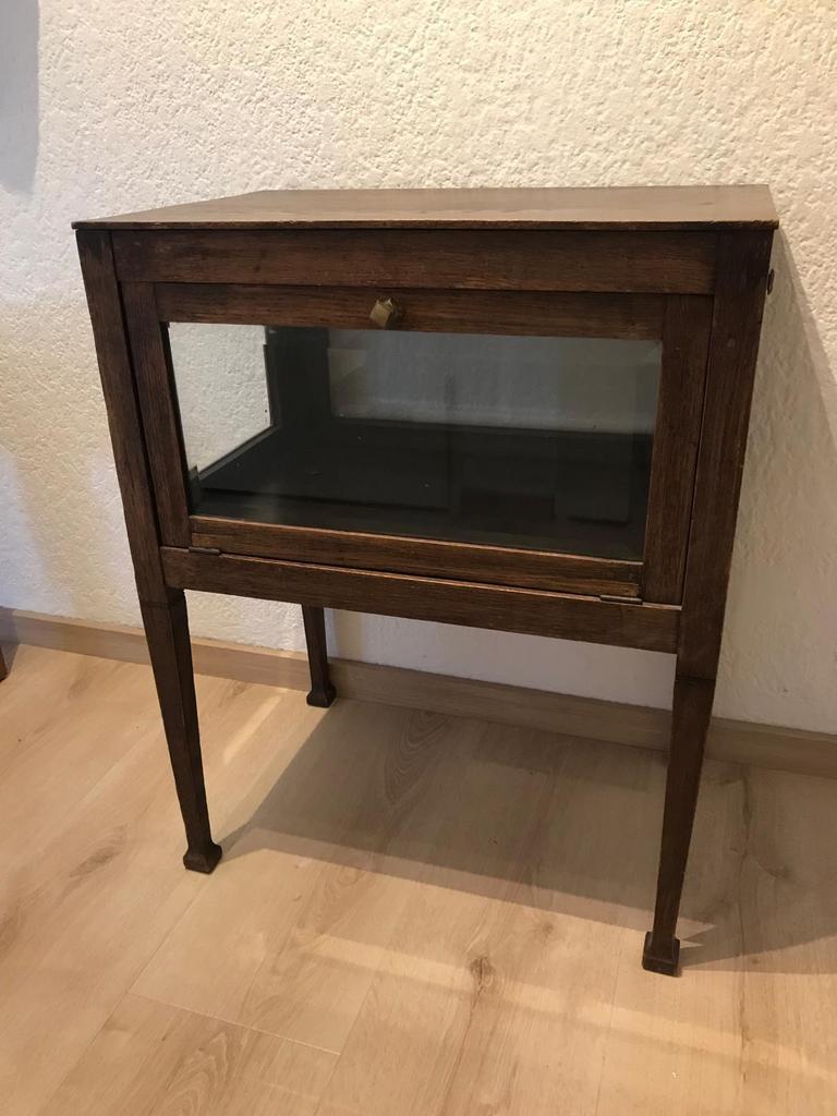 Antiek theekastje, massief hout, vitrinekastje, art deco, Gebruikt, Eikenhout, Minder dan 100 cm, 25 tot 50 cm