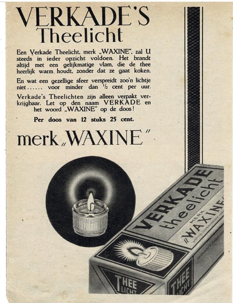VERKADE'S Theelicht merk WAXINE 1936, Verzenden, Zo goed als nieuw, Overige typen