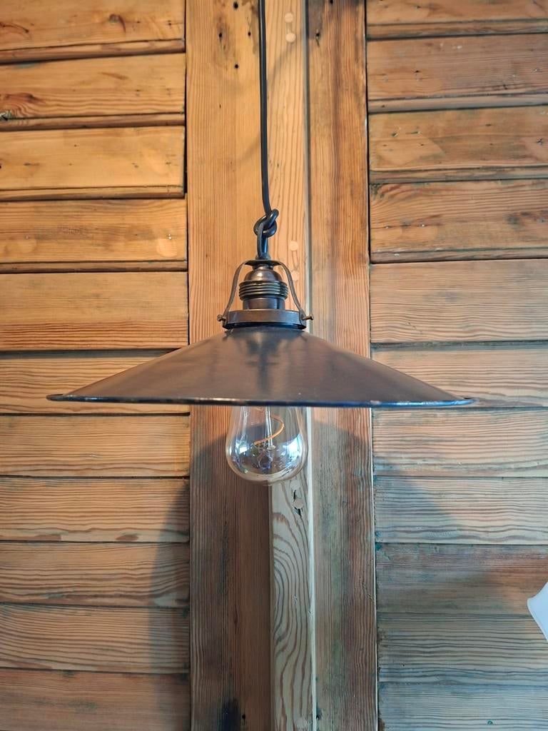 Zwart/Grijs emaille hanglamp , vintage hanglamp, Ophalen of Verzenden