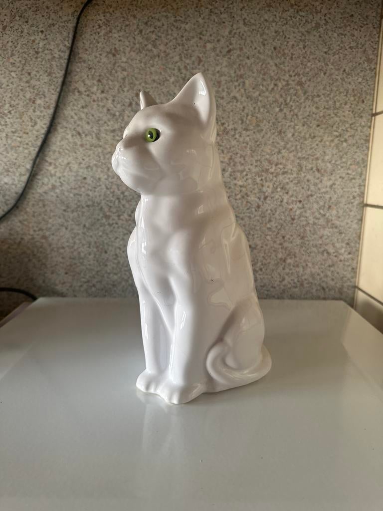 Keramische Witte Kat met Groene Ogen - Decoratief Beeldje, Antiek en Kunst, Ophalen