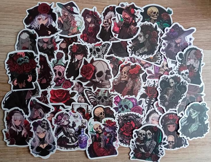 Anime Heks Schedel Roos Stickers - 50 Stuks, Hobby en Vrije tijd, Stickers en Plaatjes, Nieuw, Meerdere stickers, Ophalen of Verzenden