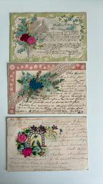 3 antieke reliëfkaarten uit 1901,bloemen van stof,duifjes,, Ophalen of Verzenden, Voor 1920