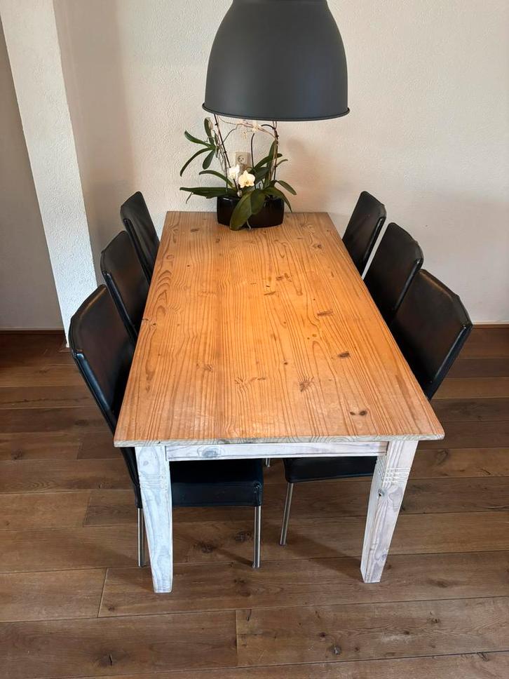 Grenen Eettafel + 6 Lederen Stoelen, Huis en Inrichting, Tafels | Eettafels, Gebruikt, 50 tot 100 cm, 150 tot 200 cm, Vijf personen of meer