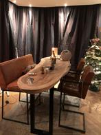 Boomstamtafel Eiken met leren banken, 100 tot 150 cm, Rustic, Ophalen of Verzenden, Vijf personen of meer