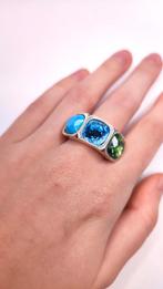 Zilveren ring van Dyrberg/Kern met blauwe en groene stenen, Blauw, 19 tot 20, Ophalen of Verzenden, Zo goed als nieuw