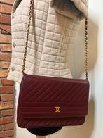 Vintage Burgundy&24kgold single flap lambskin chanel cevron, Ophalen of Verzenden, Gebruikt, Rood, Schoudertasje