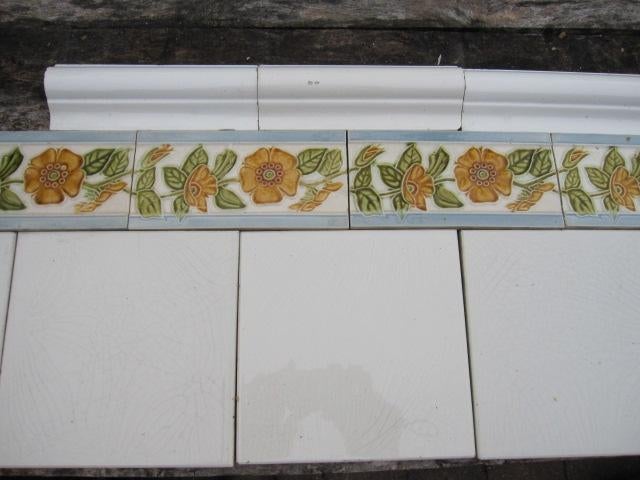 30 stuks antieke wandtegels met bloem en grijsblauwe bies