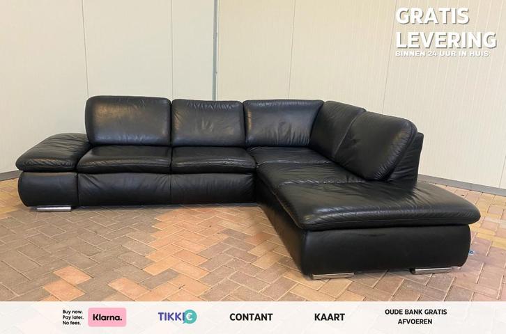 GRATIS LEVERING HEEL NL Mooie Zwarte Echt Leer Hoekbank, Huis en Inrichting, Banken | Bankstellen, Zo goed als nieuw, Hoekbank
