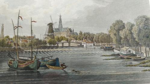 handgekleurde staalgravure Haarlem, Spaarne molen De Adriaan, Antiek en Kunst, Kunst | Etsen en Gravures, Ophalen of Verzenden