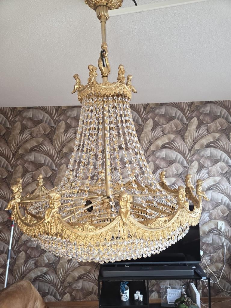 Prachtige antieke kristallen kroonluchter/ hanglamp, Ophalen, Zo goed als nieuw