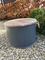Opbergton metaal met houten deksel, vintage 2-in-1, Huis en Inrichting, Ophalen, Zo goed als nieuw, IJzer, Met deksel