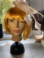 Brocante Paspop hoofd op houten voet, pruik en hoedje, Antiek en Kunst, Ophalen of Verzenden