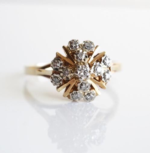 14 krt gouden diamanten rozetring, Sieraden, Tassen en Uiterlijk, Ringen, Zo goed als nieuw, Dame, 18 tot 19, Goud, Goud, Met edelsteen