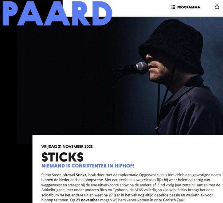 2 kaartjes voor Sticks in Paard Den Haag op vrijdag 21/11, Tickets en Kaartjes, Concerten | R&B en Hiphop, Twee personen, November