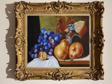 “Stilleven met druiven, peer en fles” Schilderij in klassiek beschikbaar voor biedingen
