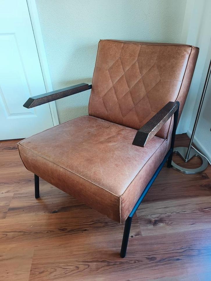 Luxe Echt Lederen Fauteuil, Huis en Inrichting, Fauteuils, Zo goed als nieuw, Hout, Leer, Metaal, 50 tot 75 cm, 75 tot 100 cm