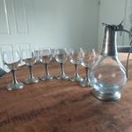 6 wijnglazen met tinnen voet en karaf glas met tin, Ophalen