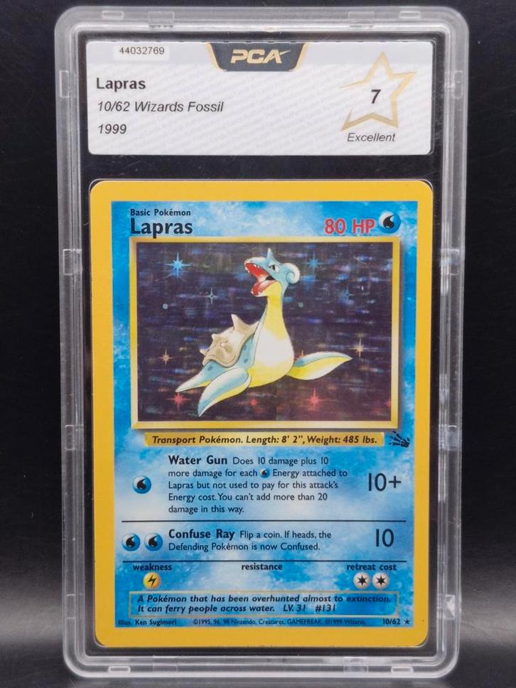 Lapras 1999 holo wizards fosssil #10 PCA 7 excellent, Hobby en Vrije tijd, Verzamelkaartspellen | Pokémon, Zo goed als nieuw, Meerdere kaarten