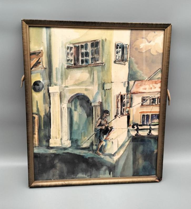 Aquarel gemaakt door Lambertus Lancée, Batavia 1947, Antiek en Kunst, Kunst | Schilderijen | Klassiek, Ophalen of Verzenden